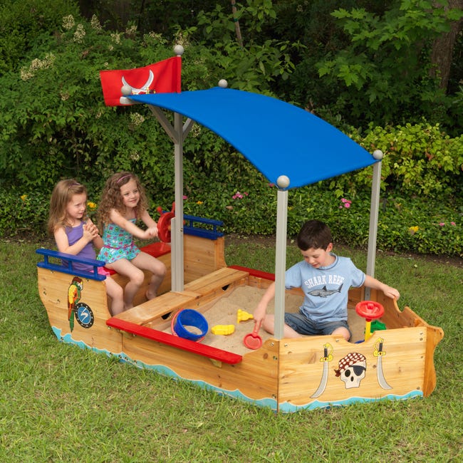 KidKraft - Bac à sable Bateau de pirate avec toit et banc, Jeu extérieur  pour enfants