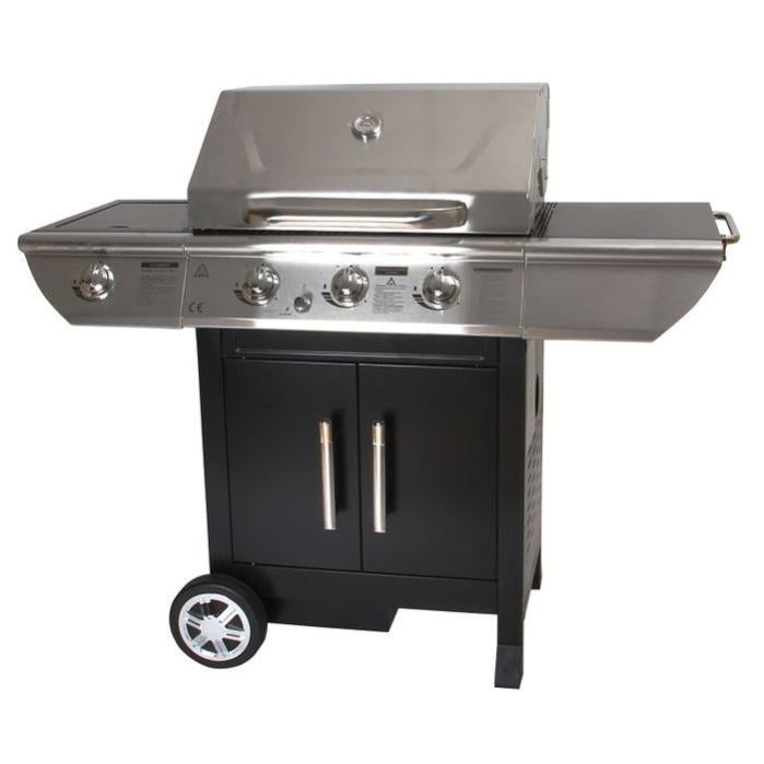 Barbecue Gaz 4 Brûleurs + Réchaud Latéral - Inox, Évier, Plan De Travail, 8 Roues