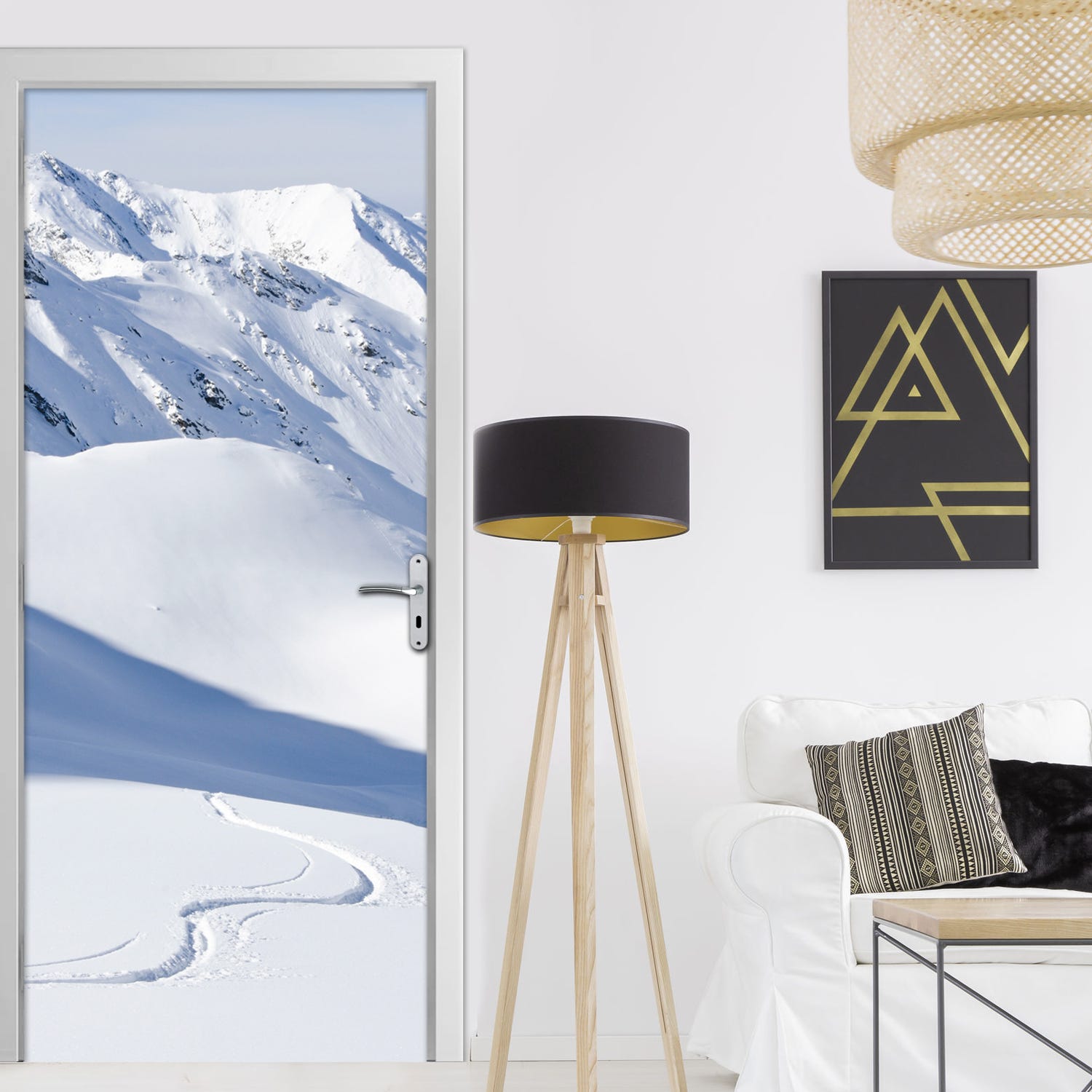 Sticker adesivi per porte, traccia dello sci in neve immacolata con vista  sulle cime di montagna in tempo radioso, 83 cm x 204 cm