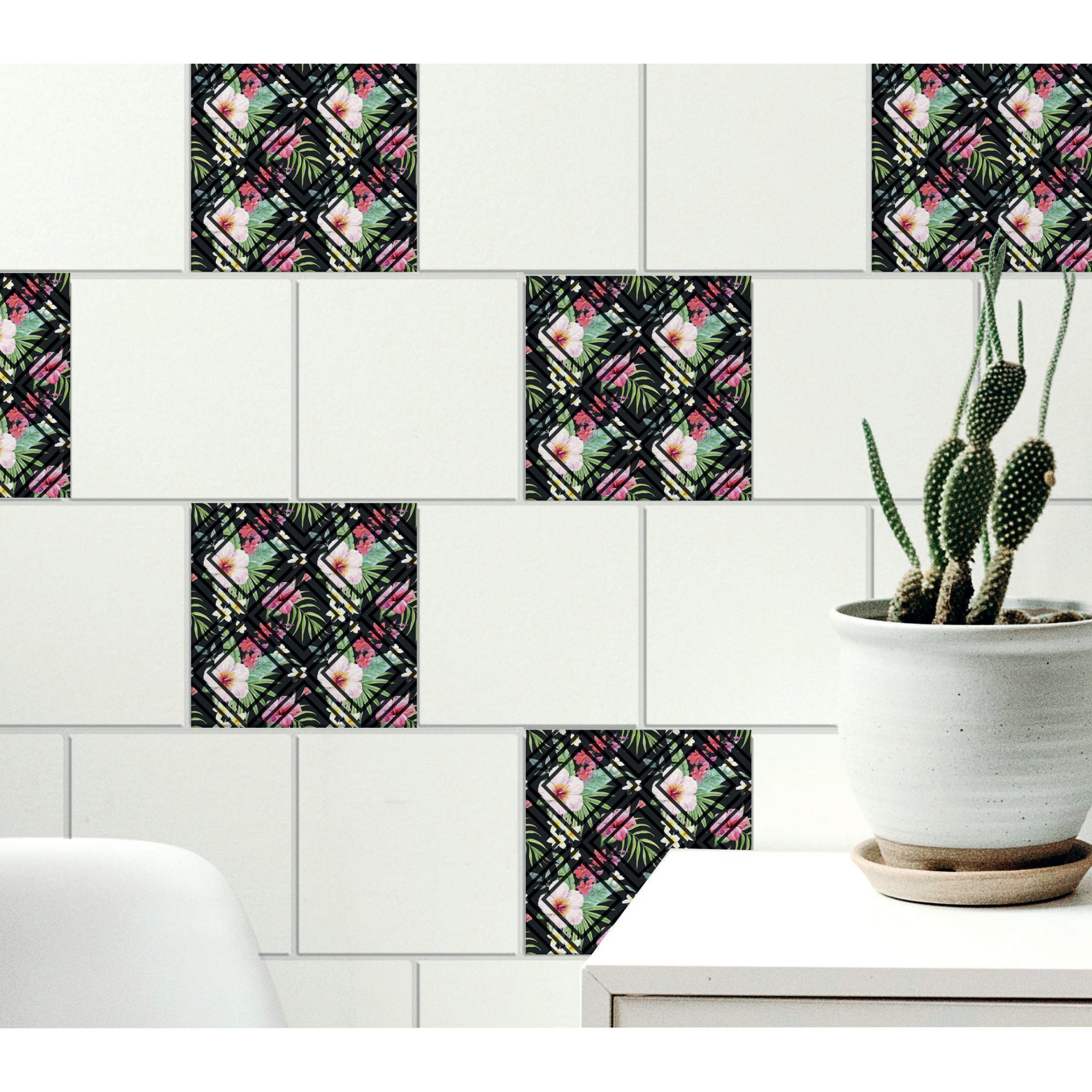 Sticker carrelage adhésif décoratif autocollant, carreaux naturel avec  fleurs et style art déco, x6, 15 cm X 15 cm