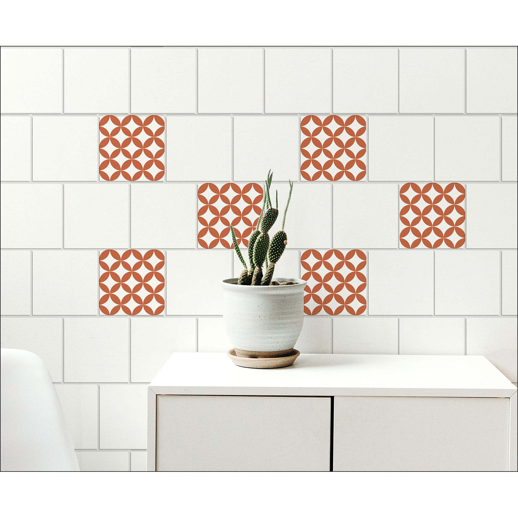 Sticker carrelage adhésif décoratif autocollant, carreaux style céramique,  ronds orange losanges blancs, x6, 15 cm X 15 cm