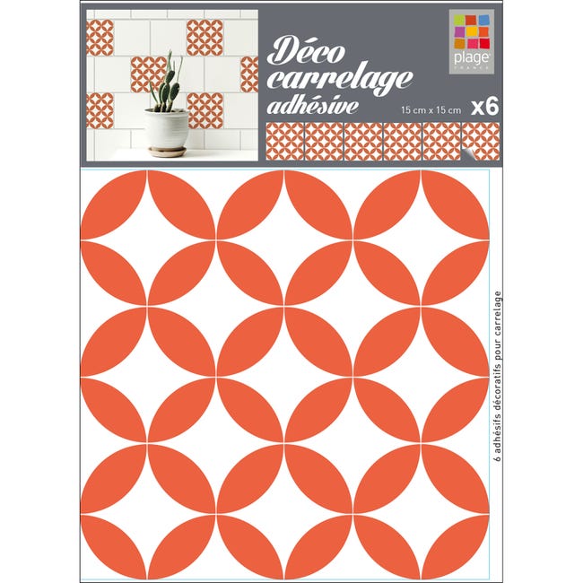 Sticker carrelage adhésif décoratif autocollant, carreaux style céramique,  ronds orange losanges blancs, x6, 15 cm X 15 cm