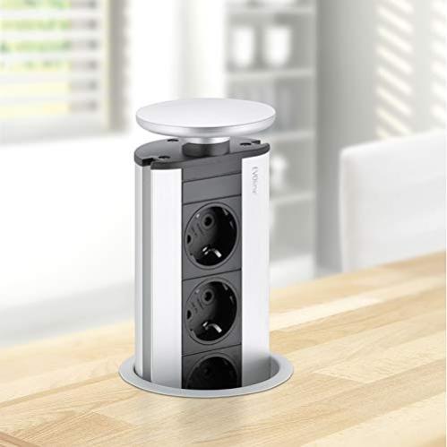 Presa Da Incasso Girevole DUPO Per Piano Di Lavoro - 2 Prese Elettriche, Cromo Opaco, Profondità Ridotta 40mm, Con Passacavi