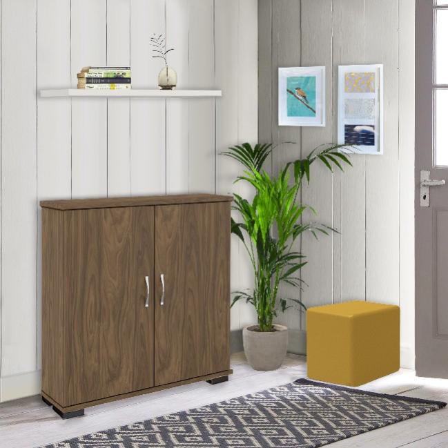 Scarpiera Salvaspazio 60x117h Cm In Legno Noce Effetto Parquet 3 Ante A Ribalta E Maniglie Oro Bronzato Mufasa