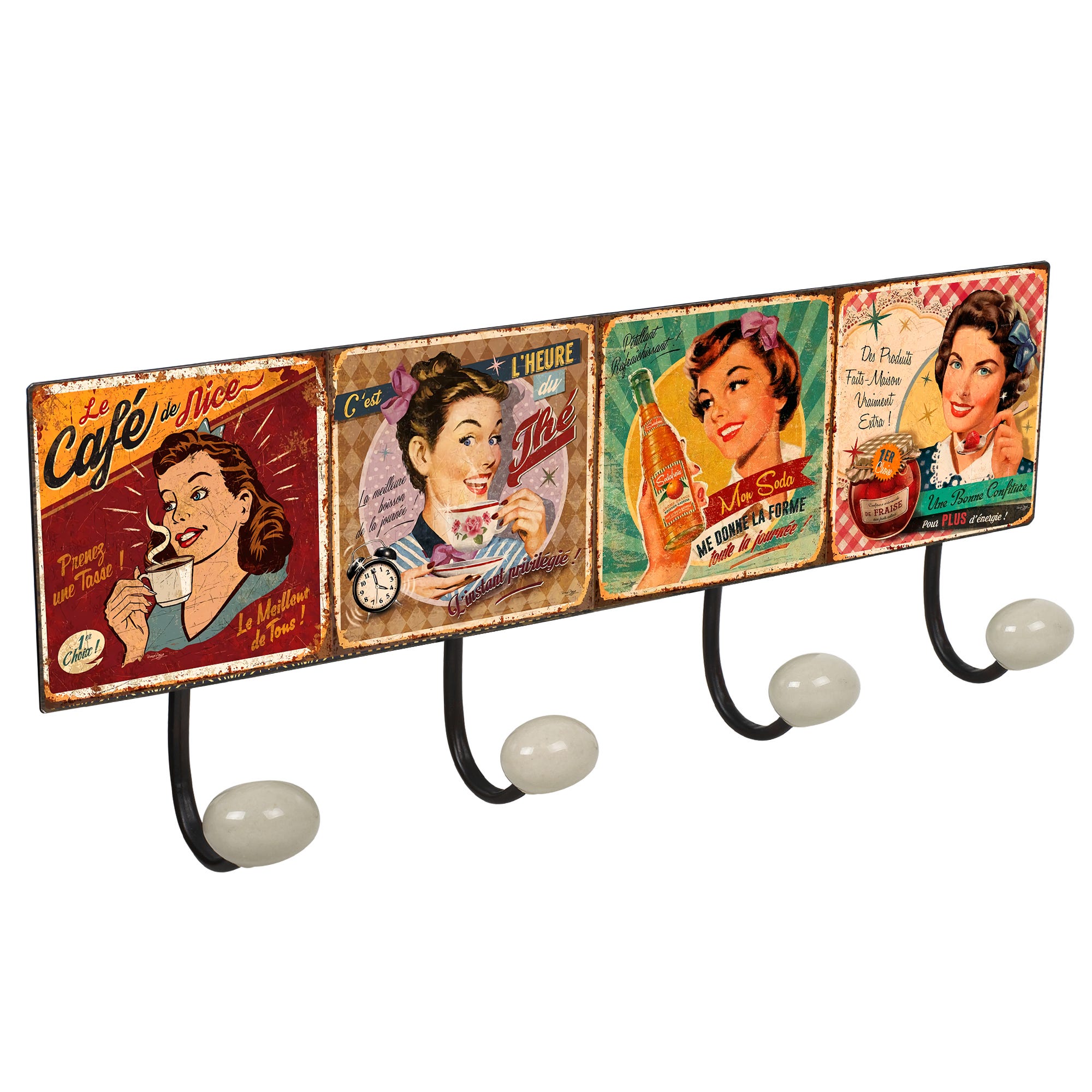 Appendiabiti da parete in metallo design Retro Vintage Poster decorazione  donna USA FOOD pin up con 4 GANCI in porcellana