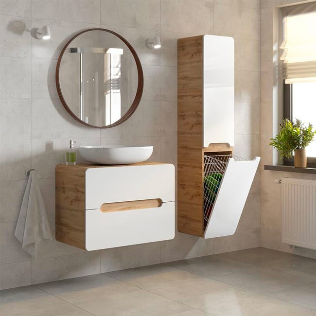 Colonne salle de bain avec panier à linge intégré Aruba White