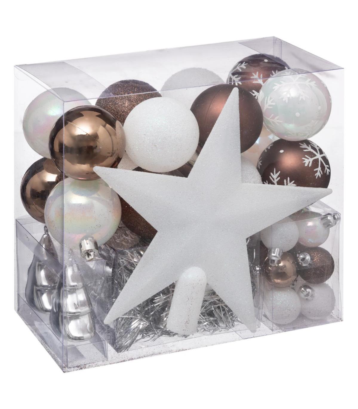 deco de sapin de noel kit 44 pieces boule guirlande et cimier blanc et cafe leroy merlin