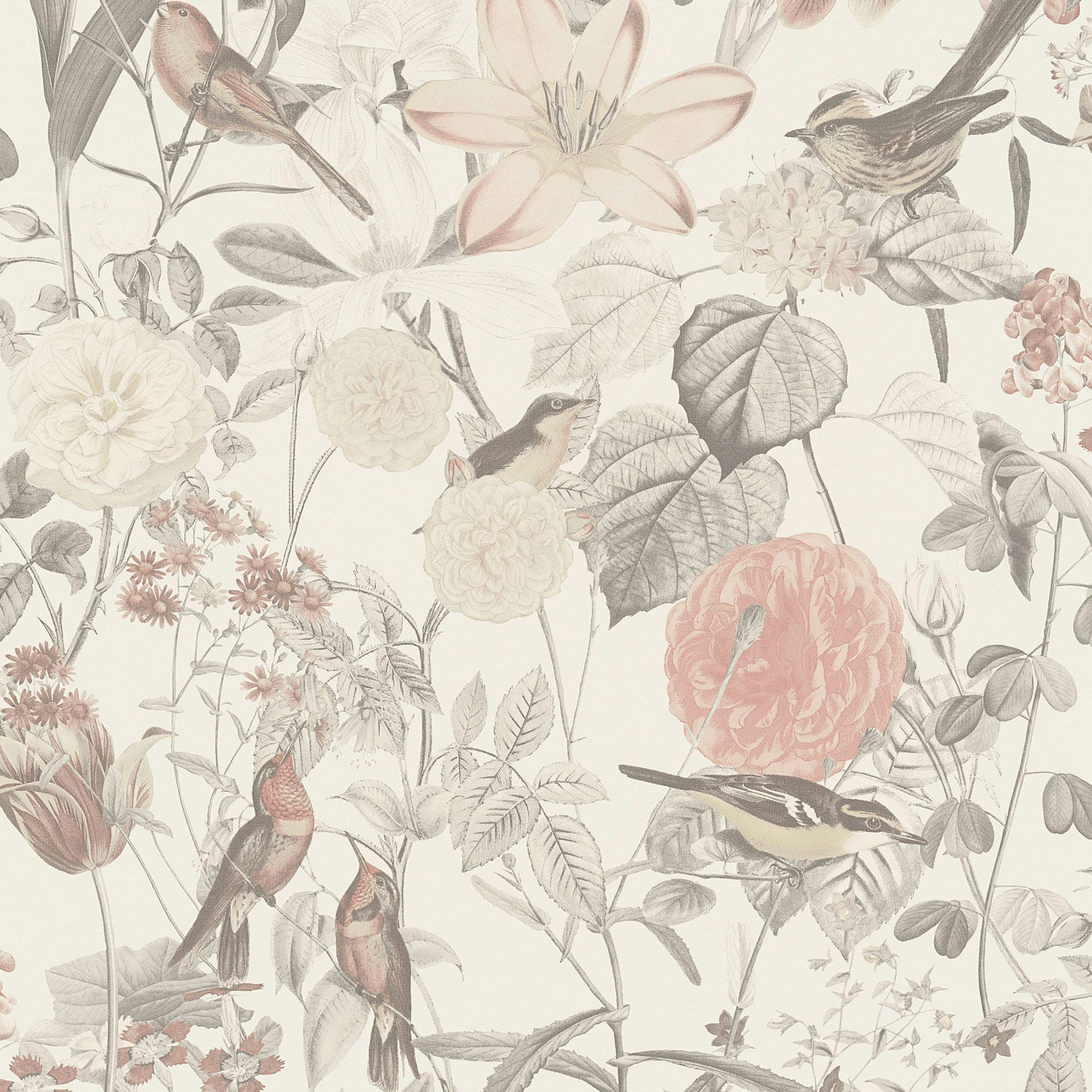 Papier peint anglais avec oiseaux et fleurs, Tapisserie fleuriegrise  idéale couloir, Papier peint vintage fleuri chambre adulte