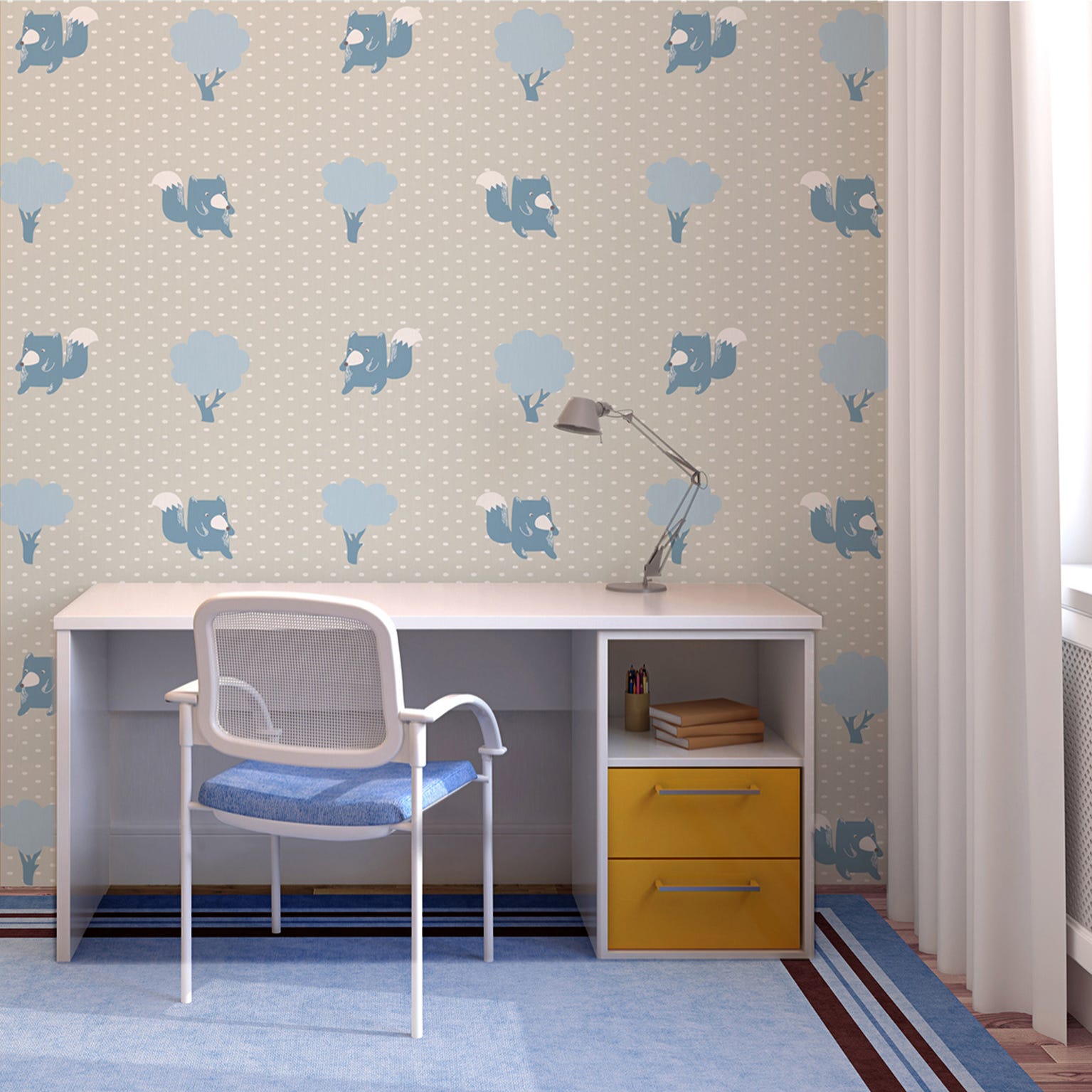 Papelera panorámica asegurada, para habitaciones para niños con pequeñas  ardillas y árboles azules, 270 cm x 250 cm