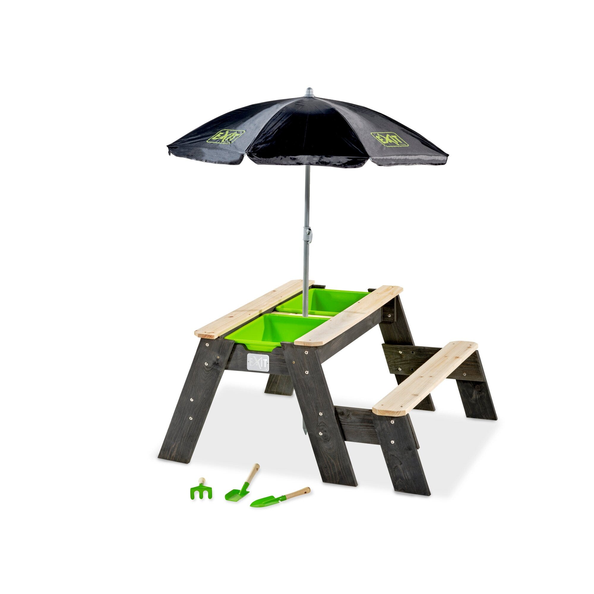 Table d'activités sable et eau, et de pique-nique (1 banc) avec parasol et  outils de jardinage EXIT Aksent