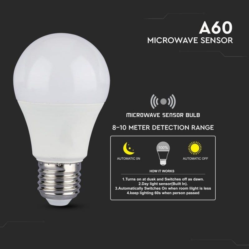 Lampadina LED E27 9W A60 con Sensore di Movimento e Crepuscolare 4000K