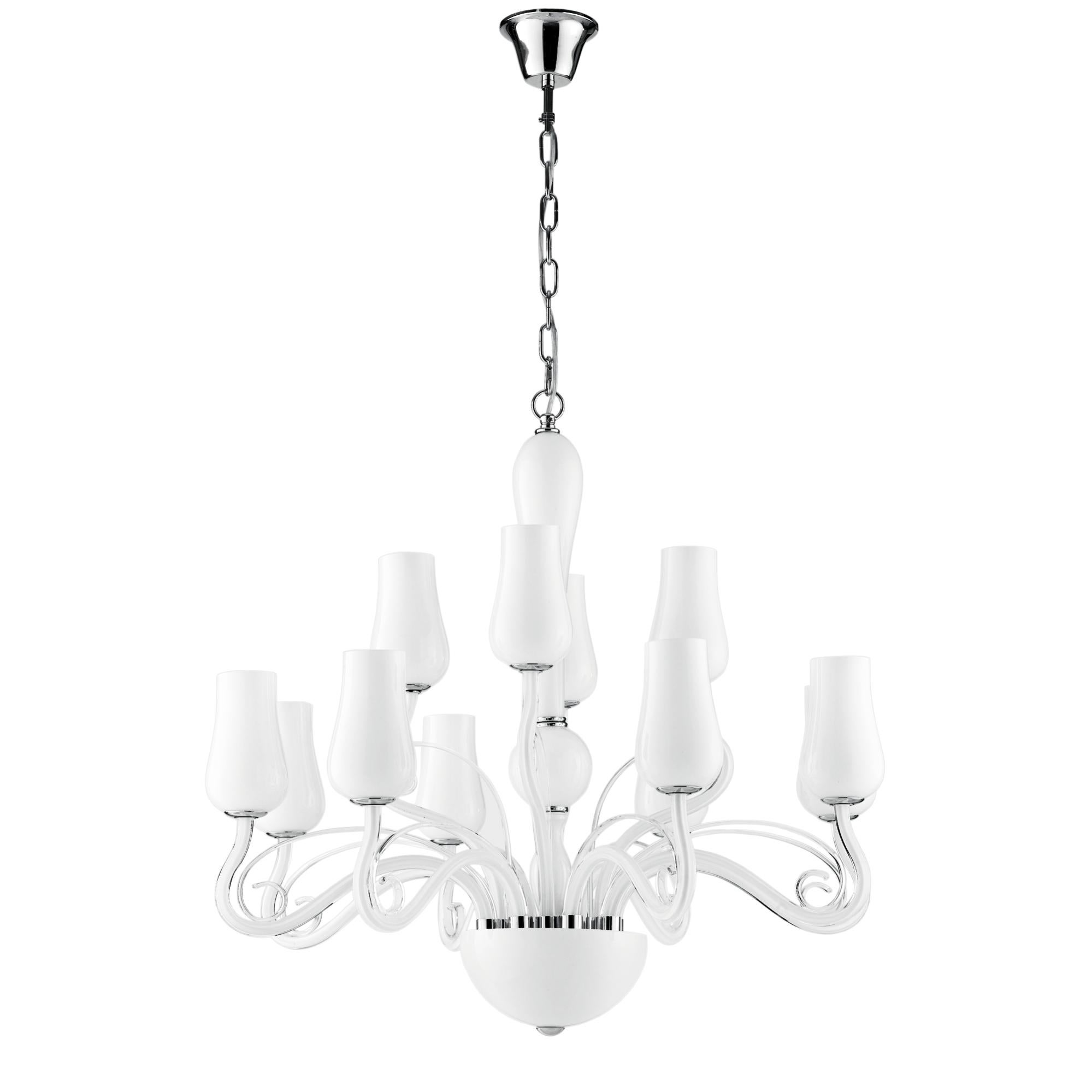 ANGEL suspension en verre blanc à douze lumières avec détails chromés