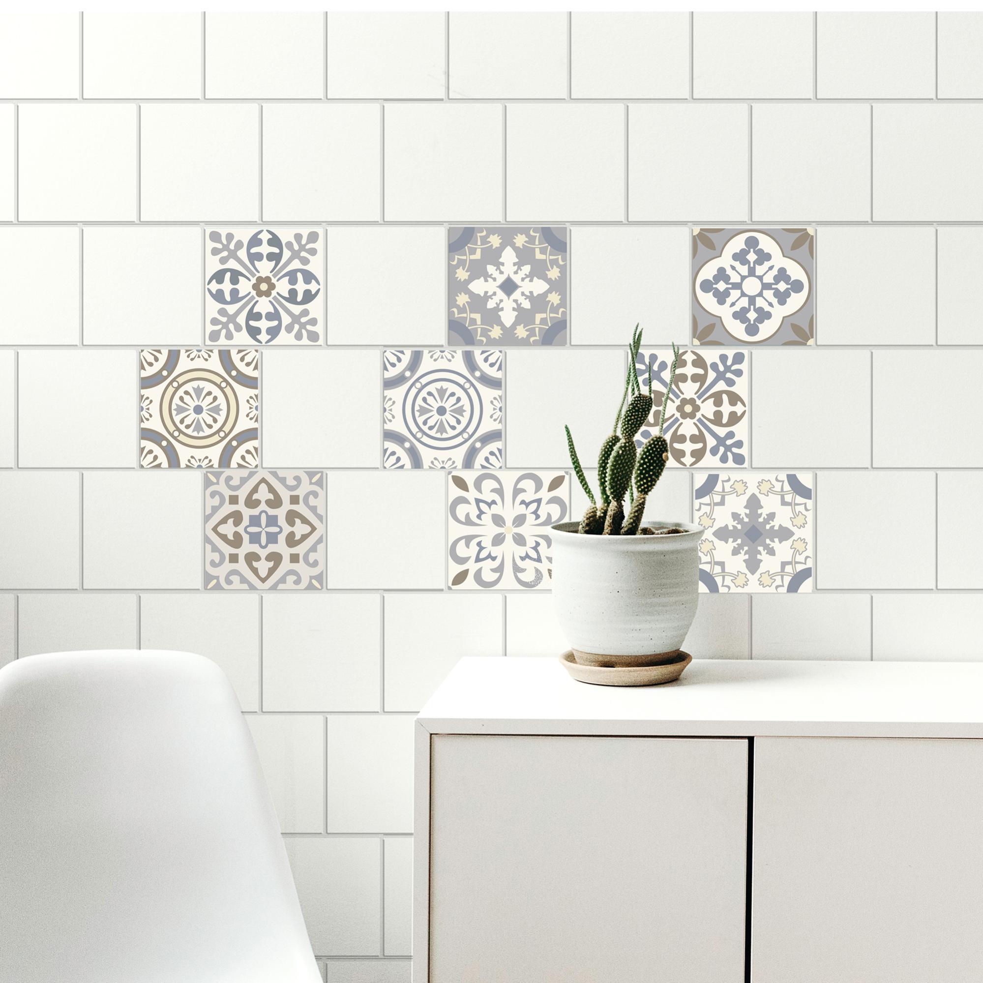 Pegatina azulejos adhesivos decorativos pegatina, borgatella, pequeñas baldosas de cemento antiguas, gris y marrón, x9, 10 cm x 10 cm