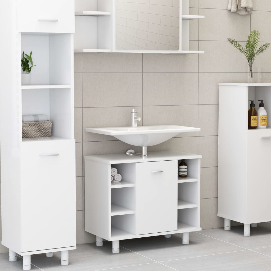 Colonna Bagno Salvaspazio con Specchio e Apertura a Pressione 30x28x170 cm  in Legno Bianco