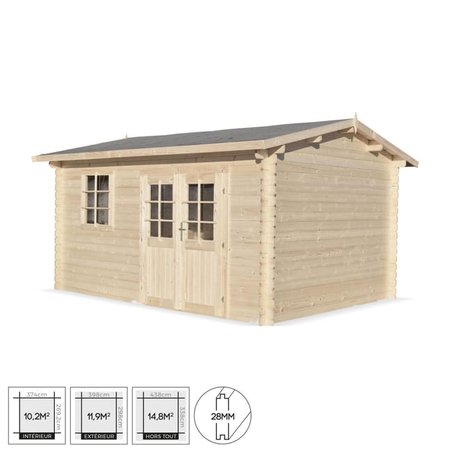 abri de jardin classique paimpont en bois de 13 3 m structure en madriers 28mm sapin seche leroy merlin