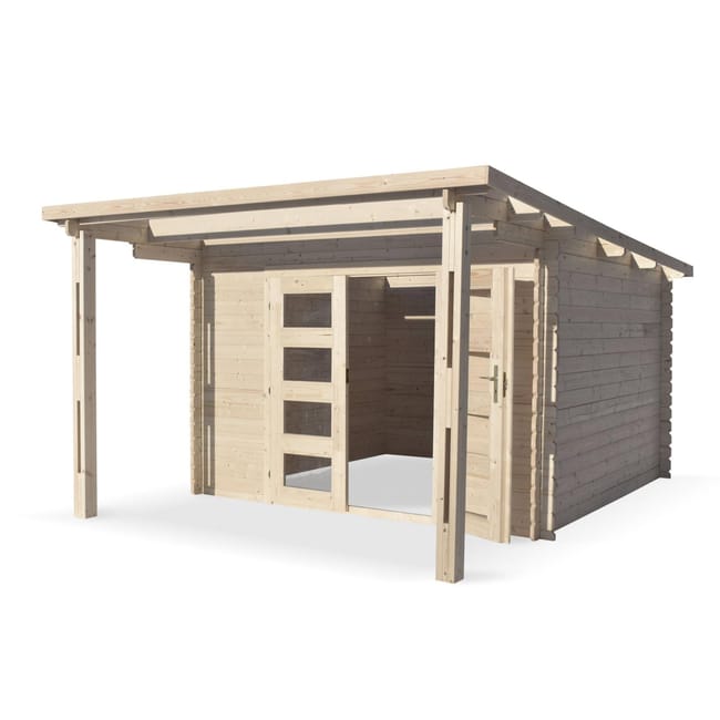 Abri De Jardin Moderne Avec Auvent Mormal En Bois De 13 3 M Structure En Madriers 28mm Abri Toit Plat En Sapin Seche Leroy Merlin