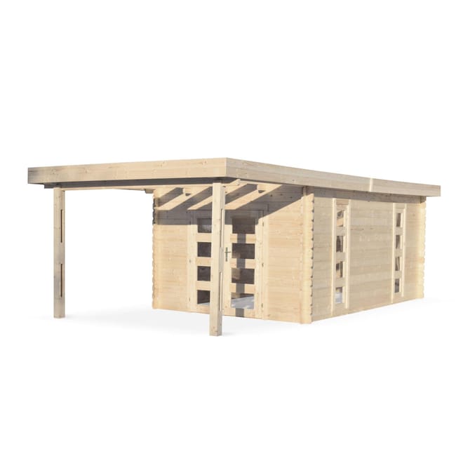 Abri De Jardin Moderne Avec Auvent Compiegne En Bois De 25 M Structure En Madriers 34 Mm Sapin Seche Leroy Merlin