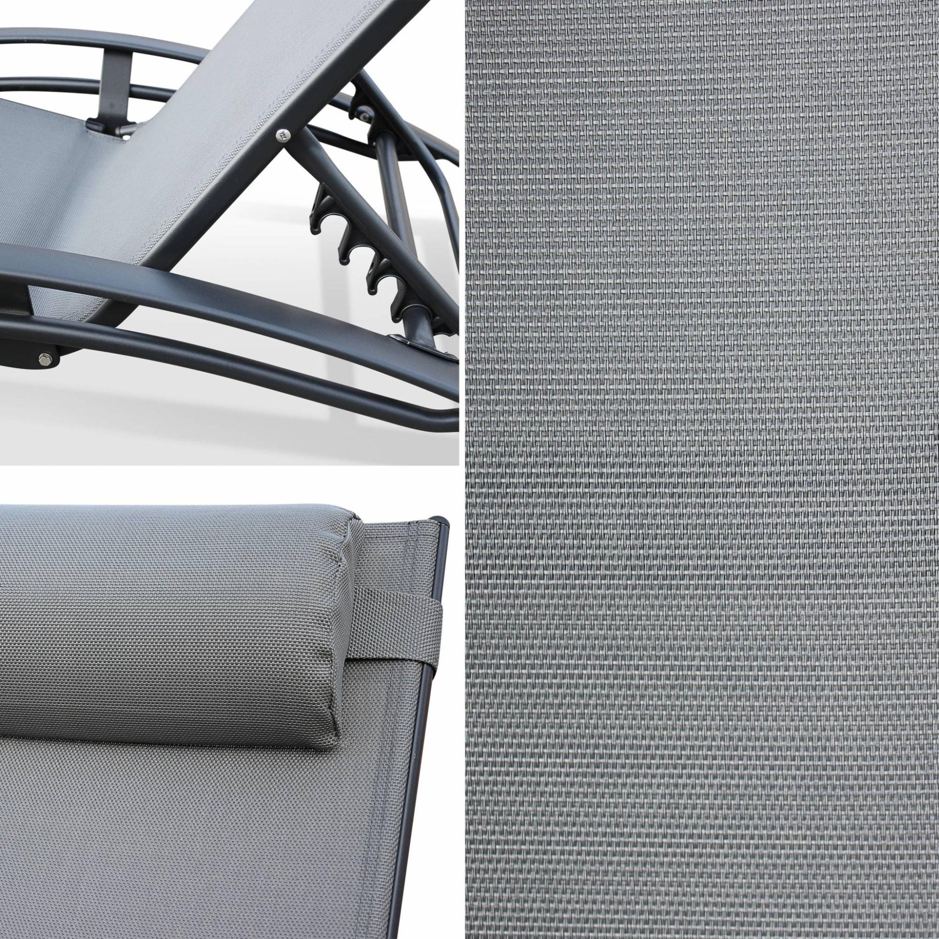 Toile De Remplacement Pour Bain De Soleil Louisa. En Aluminium Et Textilène. Avec Têtière Gris Toile De Remplacement Pour Bain De Soleil Louisa. En Aluminium Et Textilène. Avec Têtière Gris