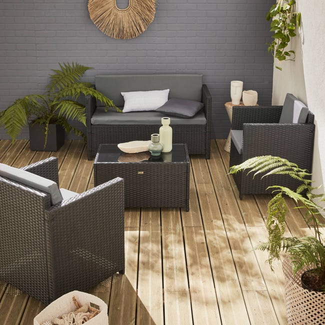 Muebles jardín, conjunto sofá de exterior, negro gris, 4 plazas, rattan sintético, resina trenzada - Perugia | Leroy Merlin
