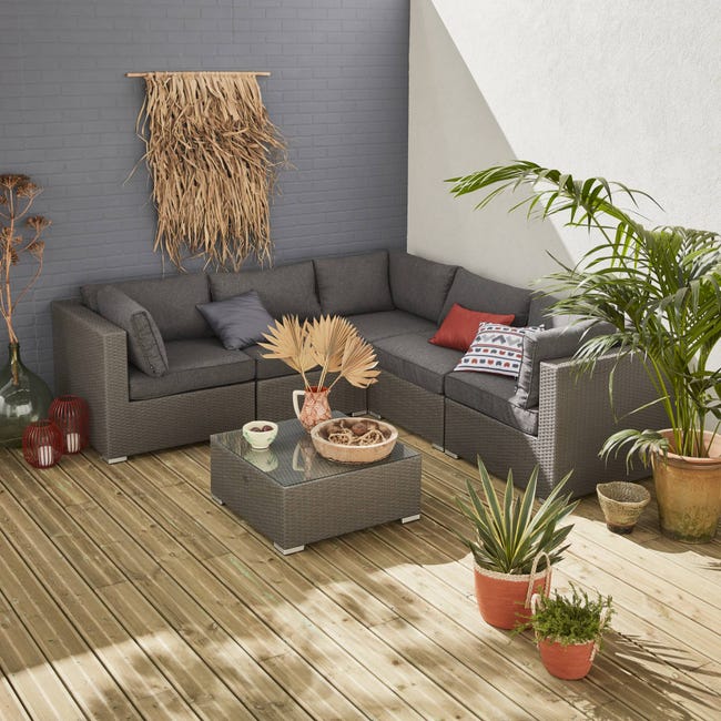 Muebles de jardin, conjunto sofa de exterior, Gris Gris, 5 plazas, ratan sintetico, resina - NAPOLI | Leroy Merlin