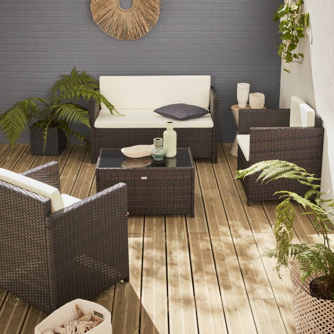 Muebles jardín, conjunto sofá exterior, Marrón crudo, 4 plazas, rattan resina trenzada - Perugia | Leroy Merlin