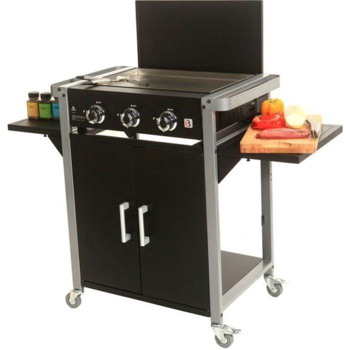 Piastra plancha a gas in acciaio inox con 4 bruciatori 10kW con carrello, Nero
