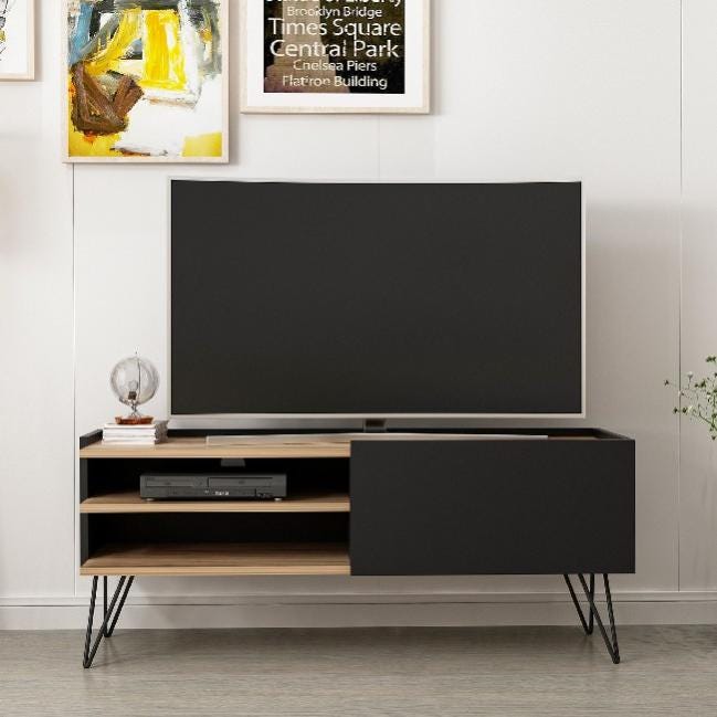 Mobile porta tv 124x50h cm in legno rovere e nero con anta a ribalta e gambe