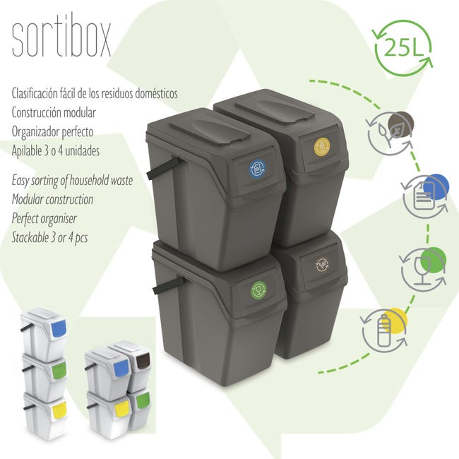 Juego de 4 cubos de reciclaje 100L Prosperplast Sortibox de plastico en  color gris