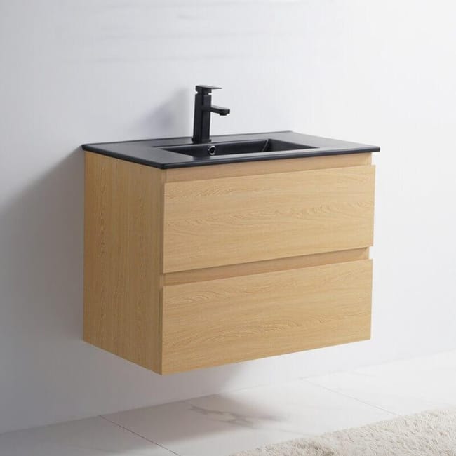 Meuble De Salle De Bain 2 Tiroirs Chene Clair Vasque Ceramique Noir Mat 80x46 Cm Bali Leroy Merlin