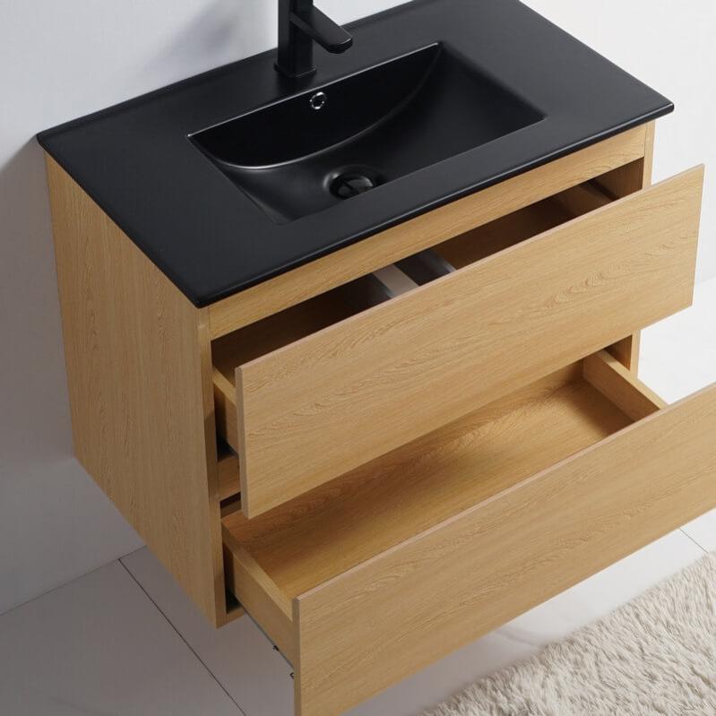 Meuble De Salle De Bain 2 Tiroirs Chêne Clair Vasque Céramique Noir
