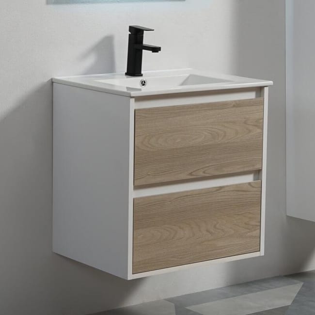 Meuble De Salle De Bain 2 Tiroirs Blanc Et Chene Gris Vasque 60x46 Cm Scandinave Leroy Merlin