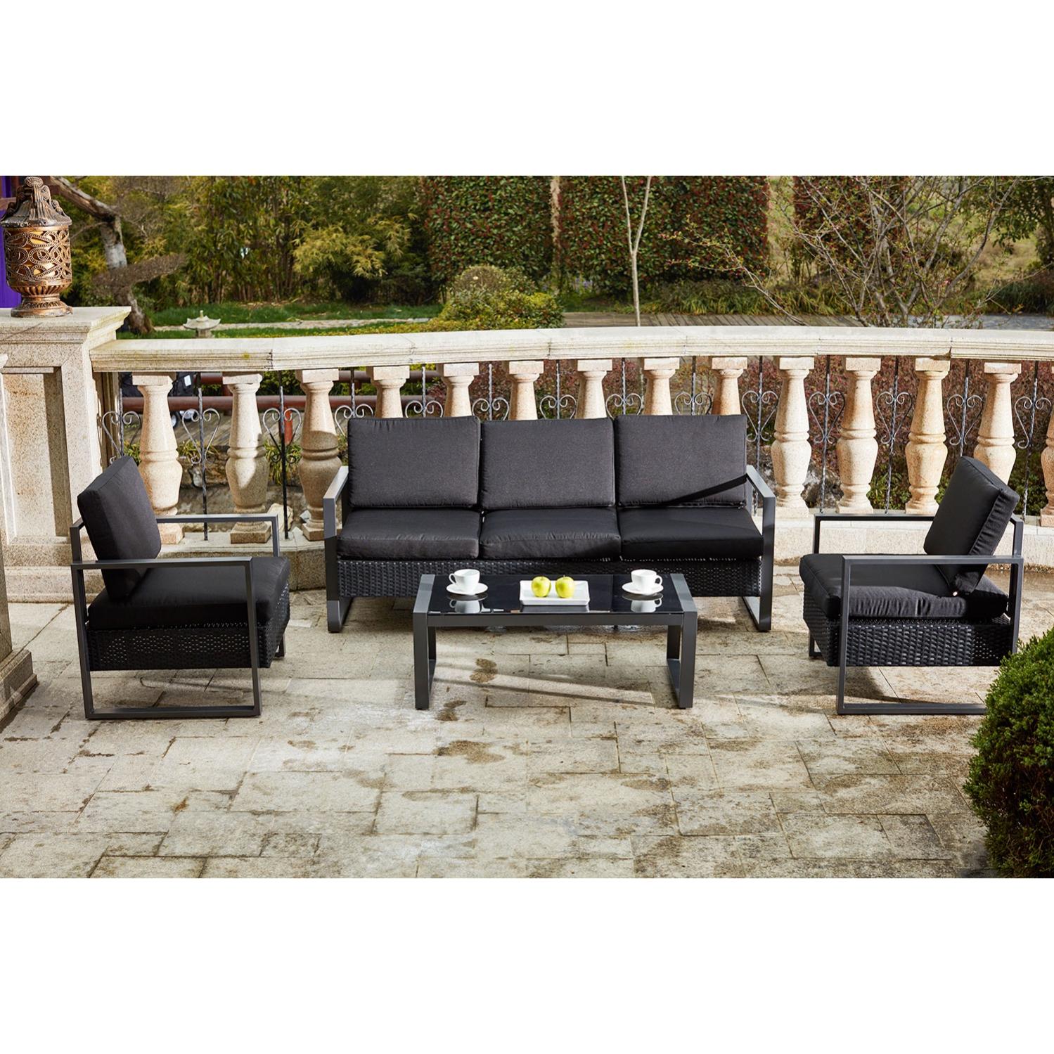 Salon de Jardin Santorin Alu et Résine tressée Noir/Noir Leroy Merlin