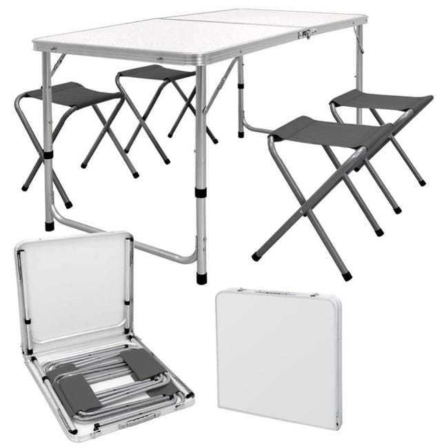 Set Tavolino Da Picnic Pieghevole AMANKA - Con 2 Sgabelli, Altezza Regolabile, Grigio Chiaro, 90x60cm - Foto 6