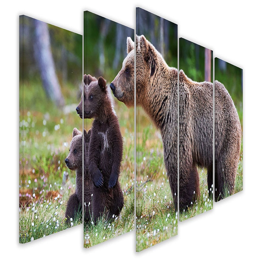 Tableau 5 parties animaux ourse brune et son ourson - 150x80 cm