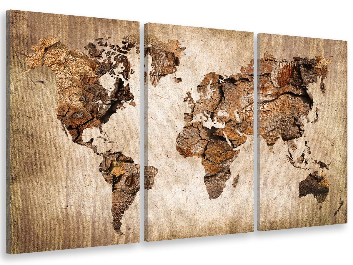 Tableau triptyque carte du monde couleur bois - 90x60 cm