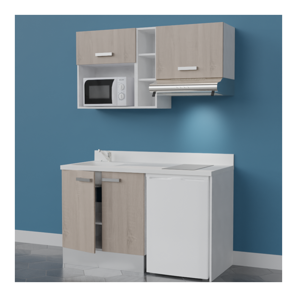 Kitchenette K13 - 140 Cm Avec Étagère, Emplacement Hotte, Réfrigérateur