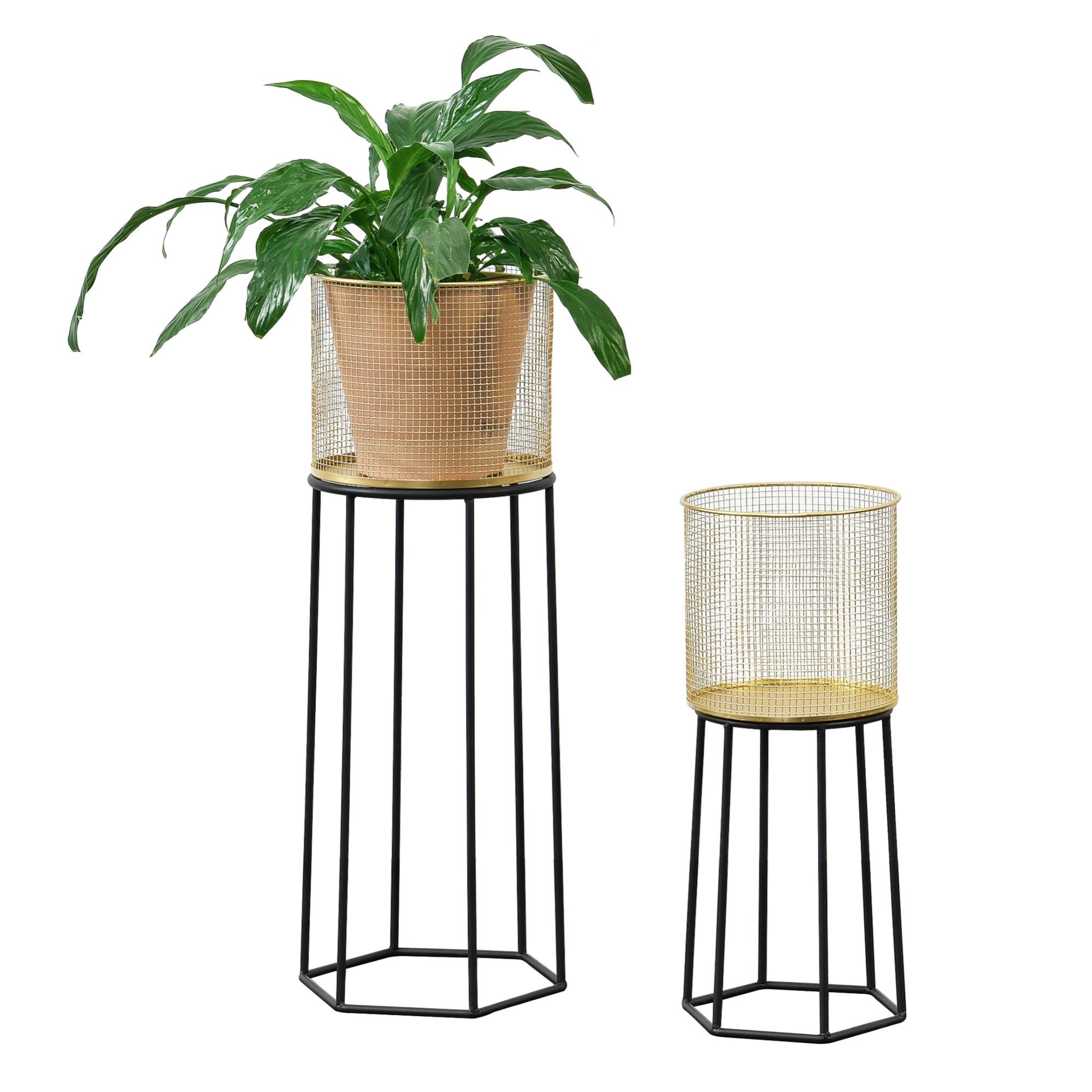 2 Supports De Plantes Métal - Cache-pots Doré Et Noir - Pieds Carrés - Design Moderne Pour Intérieur