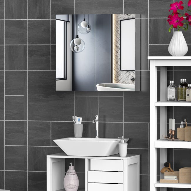 Armoire miroir salle de bain armoire de toilette murale meuble d'angle 2  étagères dim. 30L x 18,4l x 60H cm acier inox.