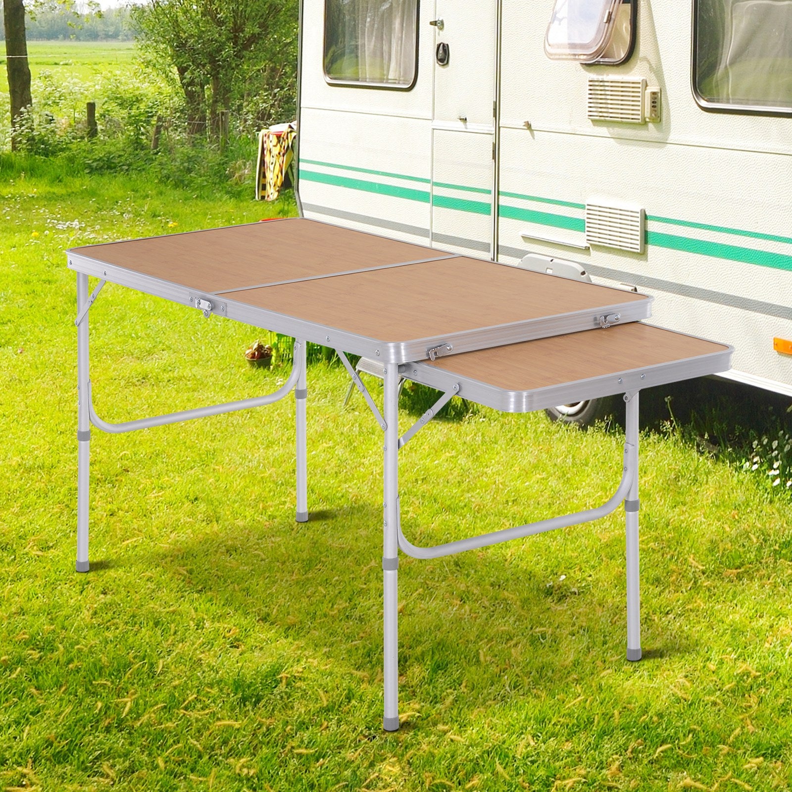 Table De Camping Pliante Avec Rallonge Alu. Mdf Imitation Bambou