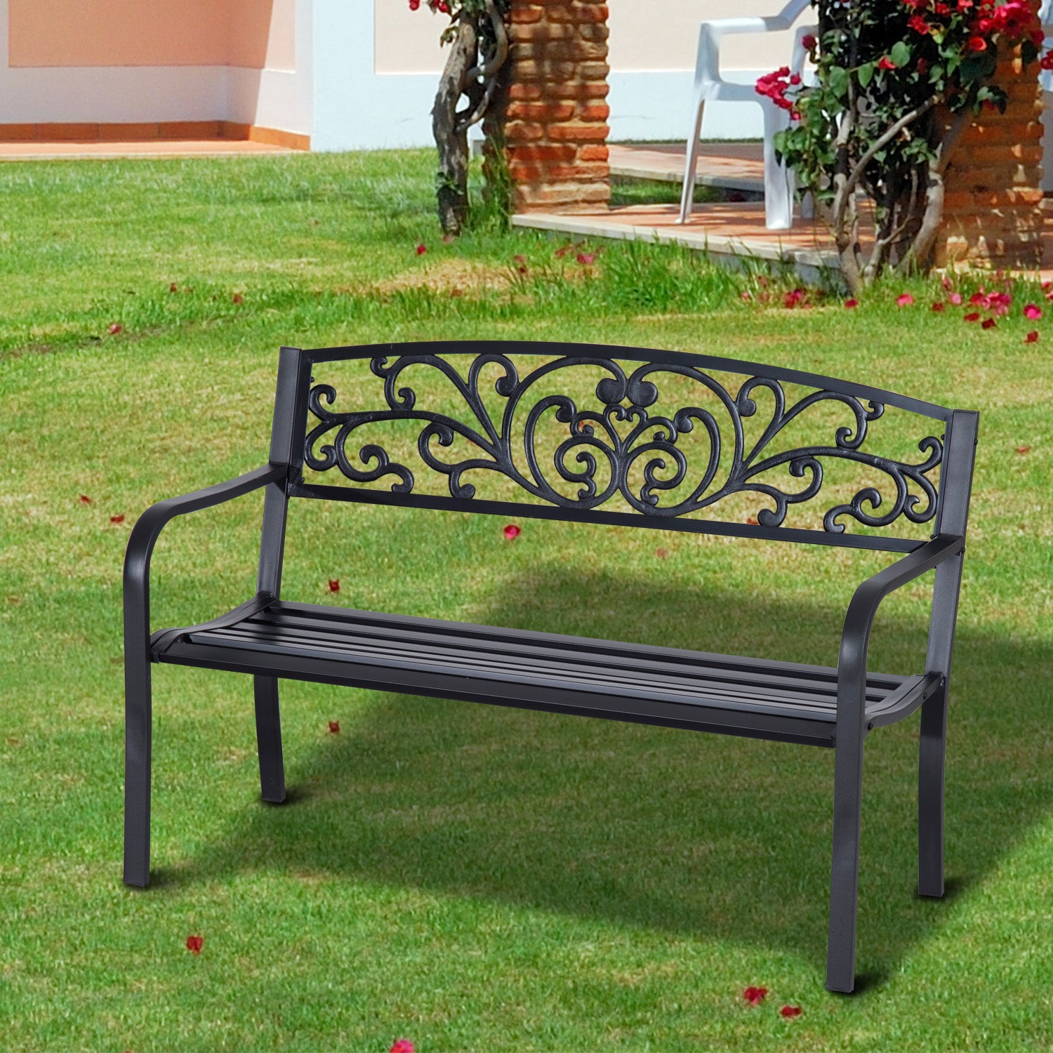 Banc De Jardin Terrasse En Acier Fonte Noir 3 Places 126 X 60 X 85 Cm