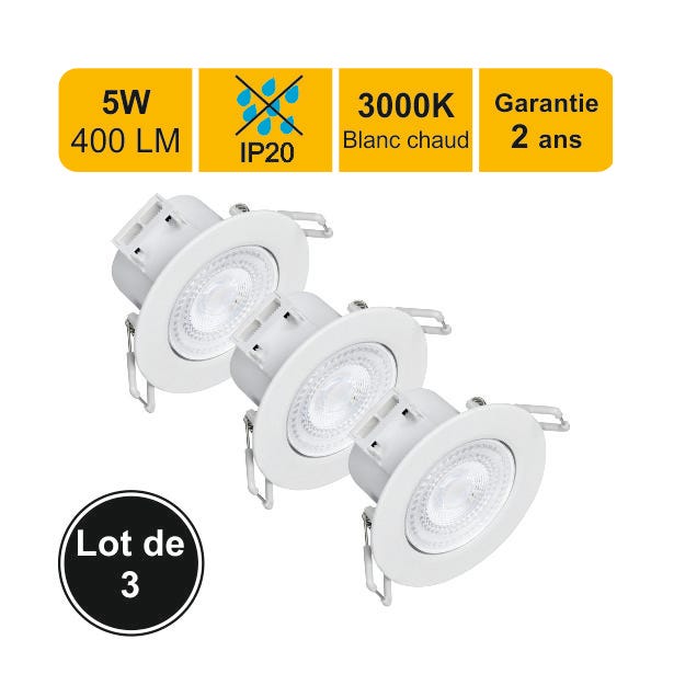Lot de 3 spots LED encastrable IP65 - spécial salle de bain - 6.5W 500 LM  3000K - garantie 2 ans