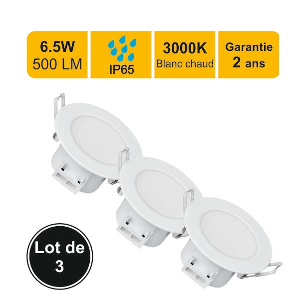 Lot de 3 spots LED encastrable IP65 - spécial salle de bain - 6.5W