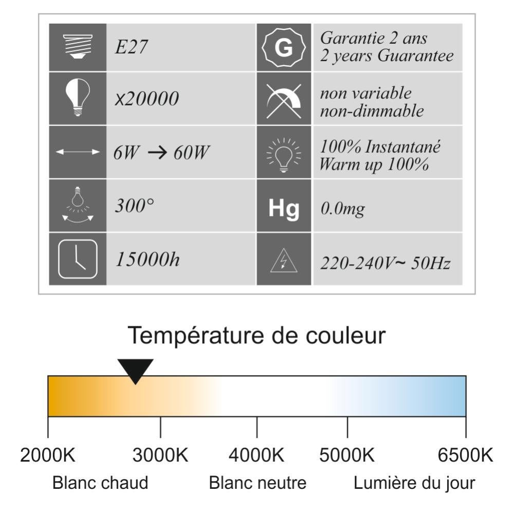 Lot de 12 ampoules LED filament E27 6W 660Lm 2700K - garantie 2 ans - 3