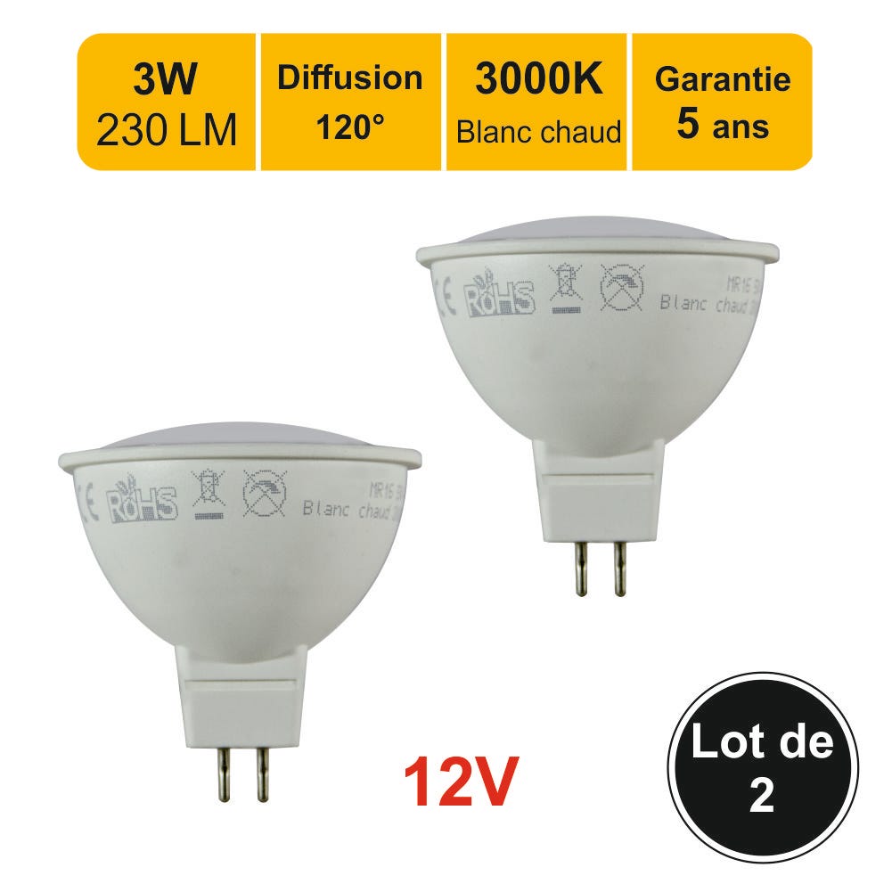 Lot de 2 ampoules LED GU5.3 (MR16) 12V 3W 230Lm 3000K - garantie 5 ans
