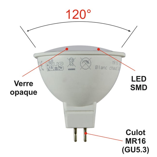Lot de 2 ampoules LED GU5.3 (MR16) 12V 3W 230Lm 3000K - garantie 5 ans