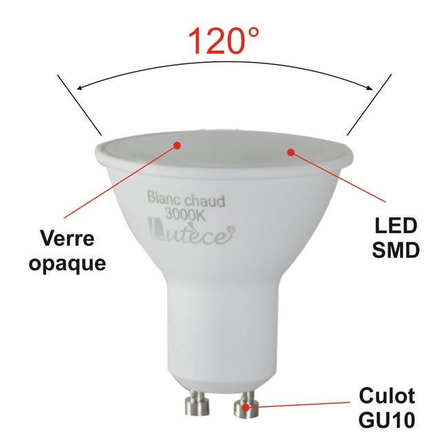 Lot de 10 Ampoules LED GU10 7W eq. 60W 2700K Blanc Chaud
