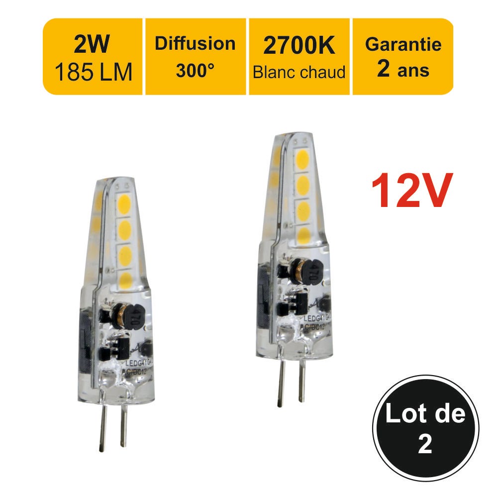 Lot de 2 ampoules LED G4 12V 2W capsule (equiv. 19W) 185Lm 2700K