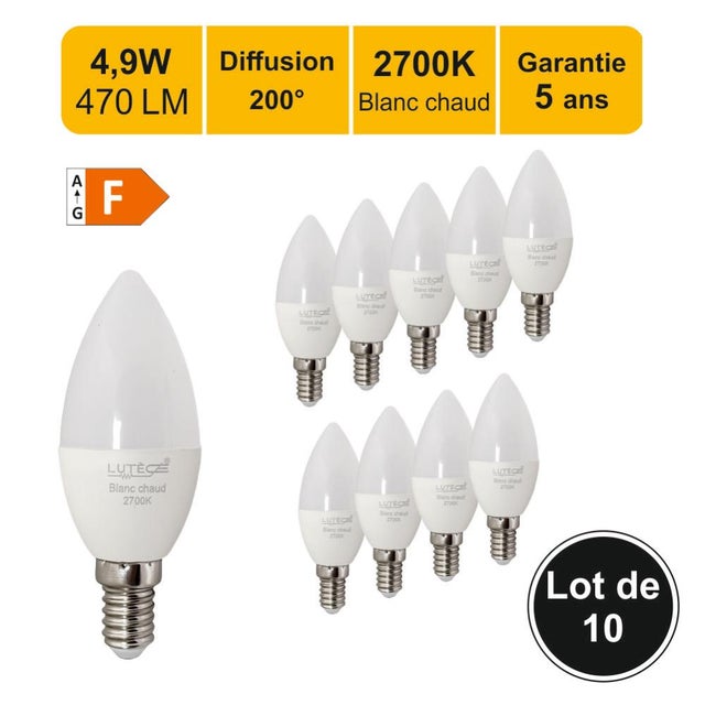 Lot de 10 ampoules LED E14 6W 470Lm 2700K - garantie 5 ans