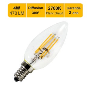 Ampoule LED E14 C35 Flamme Glass 4W No Flicker Blanc Froid 6000K - 6500K  360º