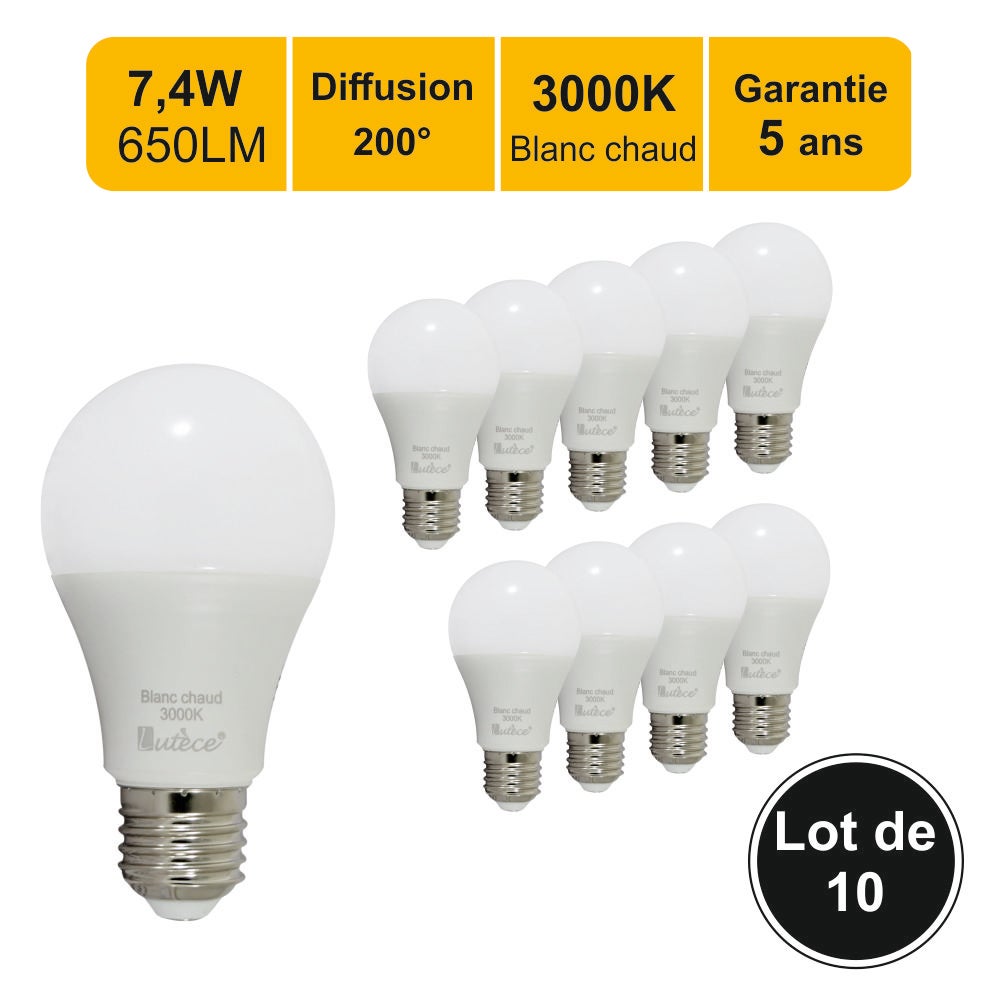 Lot de 10 ampoules LED E27 7,4W 650Lm 3000K - garantie 5 ans